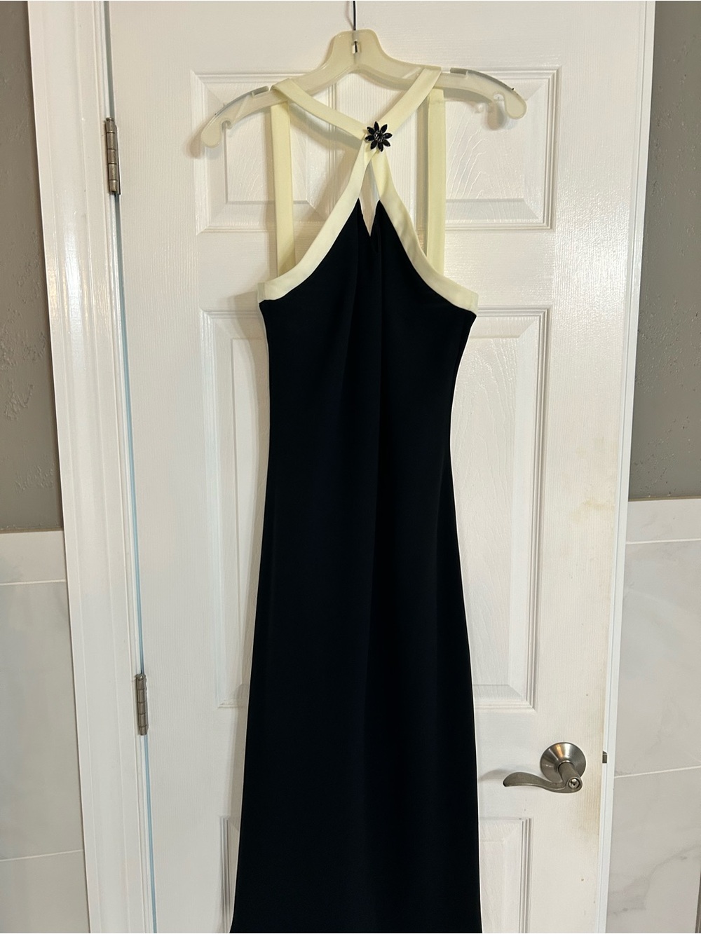 Vintage Evan Picone Elegant Black Maxi Dress with Cream Trim